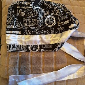 Black/white religious themed scrub top with silk